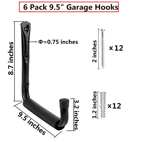 Heavy Duty Steel Garage Storage Hooks, 9.5Inches Jumbo Arm Ladders Utility Rack, Wall Mounted Hanger Organizer for Tools, Bikes, Jeep Door (Black, 6 Pack with Protector)