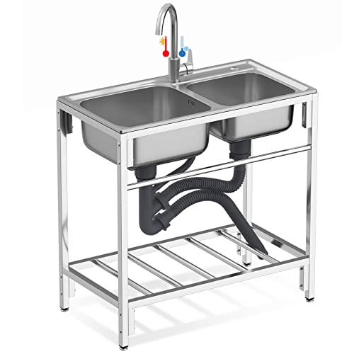 WIQUYBML Fregadero Doble para hostelería con Estante de Almacenamiento para Garaje, lavadero o jardín (82 cm x 45 cm x 85 cm).