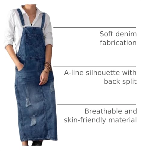 Image of Yoeasy Women's Distressed Denim Overall Dress - Adjustable Strap Pinafore A-Line Mid Long Jean Bib