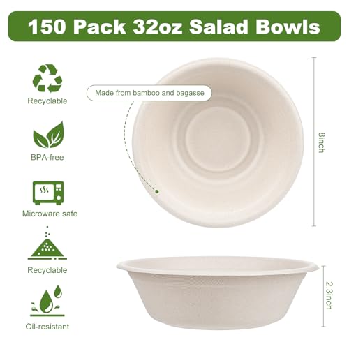 ALEXPRE Large Disposable Paper Bowls-32oz for Hot Soup,150 Pack Eco-Friendly, Compostable Bagasse Disposable Heavy Duty Biodegradable Bowls Bulk for Hot Food, Salad, Milk Cereals