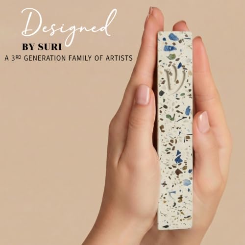 Image of SURI Mezuzah for Door - 6 Inch Terrazzo Turquoise Concrete Mezuzah Case with Non Kosher Scroll, Self-Stick Jewish Entry Design, Fits a 5 Inch Non Kosher Scroll, Gift Box Included