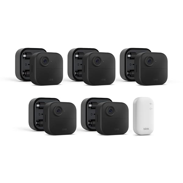 Blink Outdoor 4 + Battery Extension Pack — Four-year battery wireless smart security camera, HD live view, enhanced motion detection — 5 camera system + Battery Extension Pack