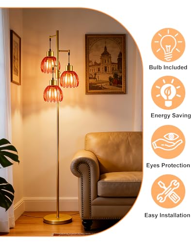 Image of Lightdot 65'' Glass Floor Lamp Dimmable Gold with Deep Red Lotus Glass Shade & 3000K Bulbs Included 3-Lights Modern Tall Standing Lamp with 5Lbs Heavy Base for Living Room /Bedroom /Sofa /Corner Decor