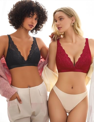 Image of Avidlove Lace Bralette for Women Sexy Deep V Neck Wireless Bralette Plunge Unpadded Bras Everyday Bra