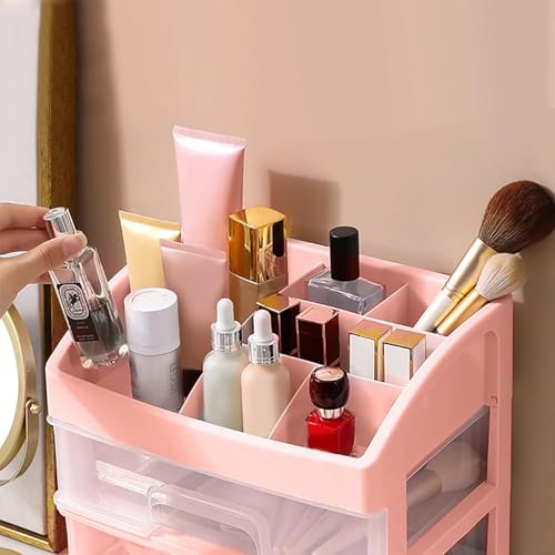 Image of JIALTO Makeup Storage Box and Organiser with 2 Layer Drawers & Top Compartment - Plastic Cosmetic Storage Box for Vanity, Skincare, Perfume, Brushes Lipsticks & More - Desktop Organizer (Pink)