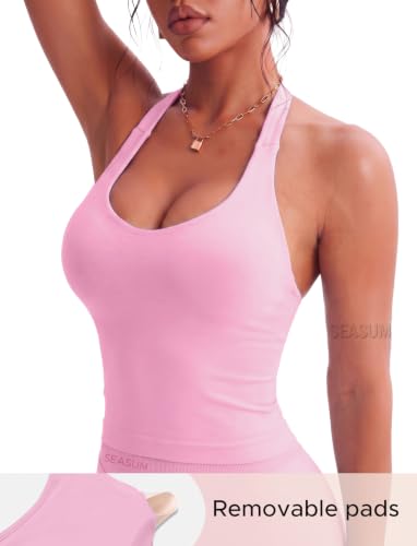 SEASUM Women's Halter Workout Tank Top Built-in Sports Bra Open Back Yoga - image 5