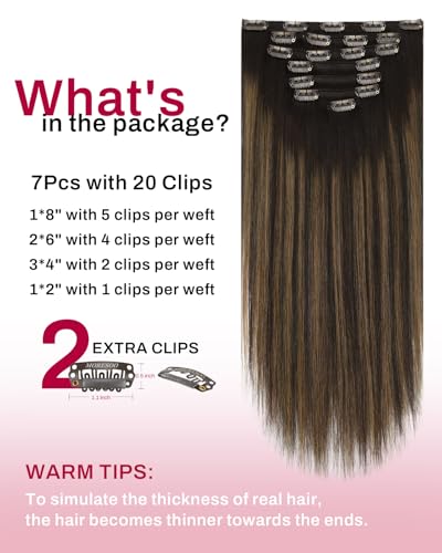 Image of Moresoo Clip in Hair Extensions Real Human Hair Balayage Dark Brown to Chestnut Brown Human Hair Extensions Clip ins Long 16 inch Full Head for Women 120g /7pcs