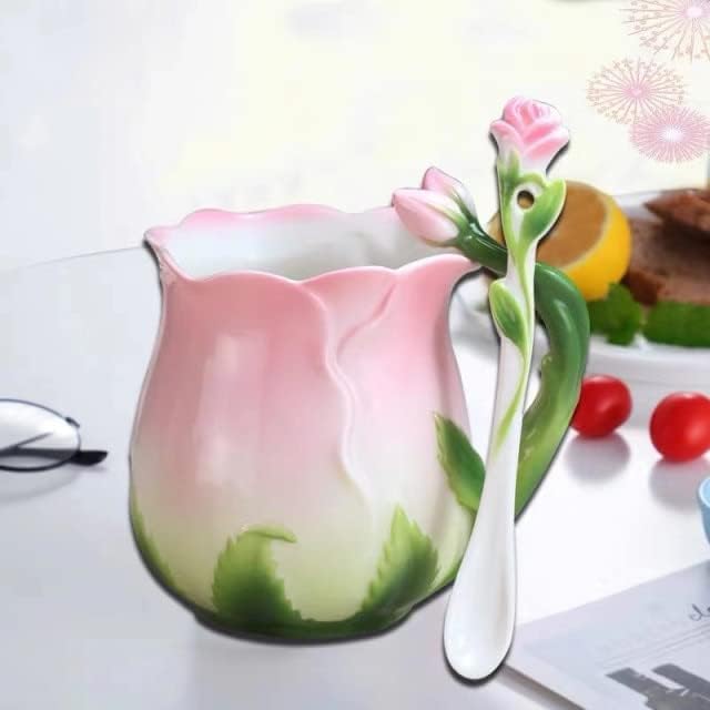 Europäischer Stil Emaille Keramik Kaffeebecher Kreative Rose Blume Form Teetassen Pastoral 4 Farben Frühstück Milchtassen Mit Löffel, Rose
