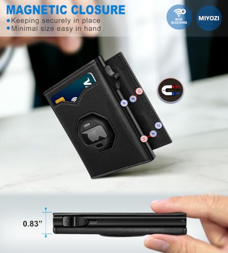 Image of miyozi Wallet for Men: Compatible with AirTag, RFID Blocking Slim Pop Up Card Holder, with Cash Pocket 2 ID Window 9-12 Cards,Metal Case Smart Magnetic Flip Closure Trifold with Gift Box