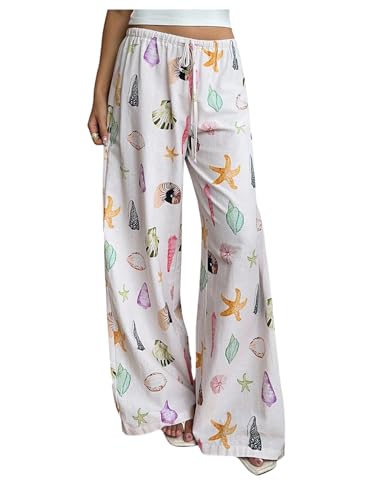 GORGLITTER Women's Boho Shell Graphic Wide Leg Pants Drawstring Waist Casual Trousers