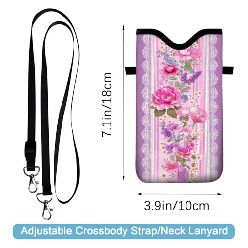 Image of Neoprene Cell Phone Sleeve Pouch Case Bag with Crossbody Strap Neck Lanyard for Women 7.1 X 3.9 in Pink Flower Wall
