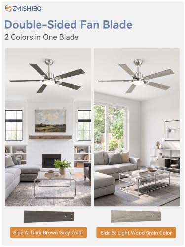Image of ZMISHIBO 52 inch Brushed Nickel Ceiling Fans with Lights and Remote, Indoor /Outdoor Modern Ceiling Fan for Bedroom Living Room Patio, 6 Speed Reversible Quiet DC Motor, 3 CCT, Dual Finish Blades