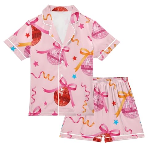 Satin Pajama Sets Short Sleeve Disco Balls with Ribbons Pattern Button Down Silky Nightwear 2 Piece PJS 5-14Y