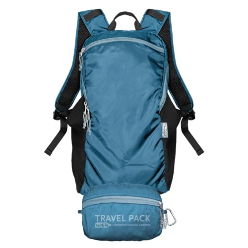 ChicoBag Mochila de viagem rePETe + Refine | Mochila de viagem ecológica leve e embalável, Safira, 10”w × 17”h × 6”d, Pacote de viagem