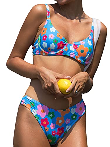 BIKINX Sexy High Cut Blue Floral Bikini Sets Underwire Swimsuits for Women Push Up 2 Piece Bathing Suits