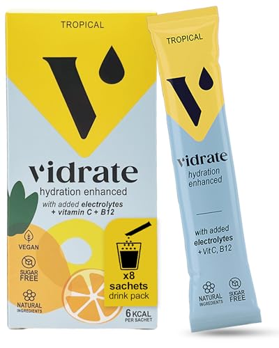 Electrolytes Powder - Hydration Sachets Packed with Vitamins - Zero Sugar Rehydration Sachet with No Artificial Sweeteners & Preservatives by ViDrate - Tropical Small Pack, 8 Electrolytes Sachets