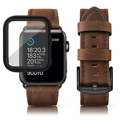 Eyamumo Leather Bands Compatible with Apple Watch Band 44mm with Case Women Men, Vintage Grain Leather Wristband Replacemen Band for Apple iWatch SE Series 6 5 4, Sports & Edition, Retro Walnut