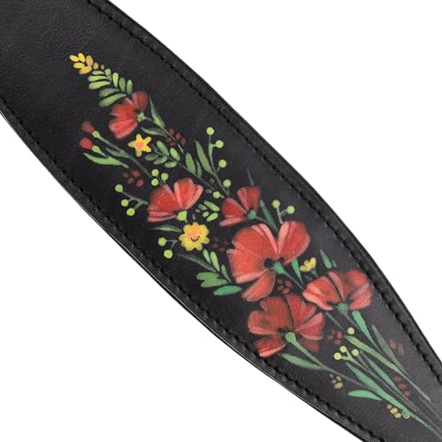 FAVPET Handbemalter Echtleder Windhund Halsband Breit mit QR Code Anhänger, Weiches Lederhalsband Hund Whippet Italienisches Windspiel Saluki Lurcher Spanischer Galgo Podenco (Rote Mohnblumen, XS)