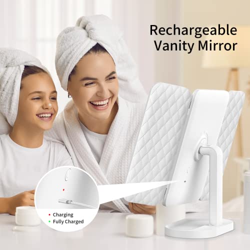 Benbilry Trifold Lighted Vanity Makeup Mirror With 74 Led Lights, 3 Color Lights & Stepless Dimming, 1X/3X/5X/10X Magnification & 2000Mah Rechargeable Magnifying Light Up Mirror, Gift For Women(White) #TOP6
