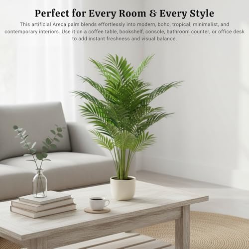 Image of Mini Artificial Areca Palm Plant - 60 cm Tall Faux Tropical Decorative Plant with 12 Leaves for Indoor Home, Office & Balcony Decor | Without Pot