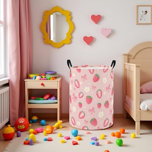 Image of Baby Laundry Hamper Basket Baby Hamper for Nursery Boy and Girl Cute Storage Bin Organizer Boho Room Decor(Strawberry)
