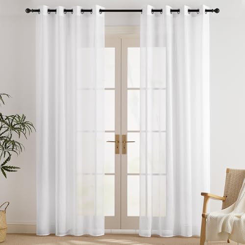 PONY DANCE Rideau Voilage Blanc - Rideaux Salon Effet Lin 140 cm x 200 Draperies Souple pour Décoration Maison Chambre Porte Fenêtre & Hôtel avec Oeillets,...