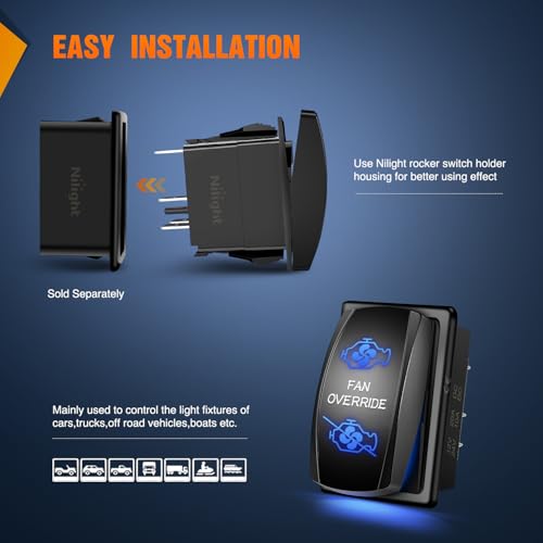 Image of Nilight Fan Override Rocker Switch Led Light Bar 5 Pin Laser On Off | SPST Switches 20A /12V 10A /24V Blue with Jumper Wires Set for Cars Trucks Boats ATVs UTVs RVs