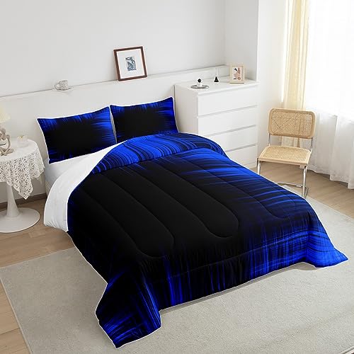 Image of Feelyou Blue and Black Bedding Set King Size, Geometric Artistic Smear Comforter Abstract Ombre Comforter Set Kids Toddler Gradient Lines Duvet Set Kids Room Decor Microfiber Bed Set