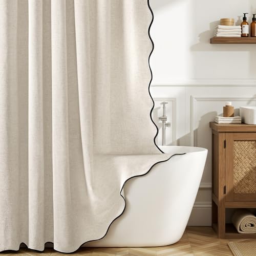 MIULEE Linen Scalloped Cream Shower Curtain with 12 Metal Hooks Boho Farmhouse Cute Heavy Duty Washable Waterproof Thick Cloth Shower Curtains with Black Border for Bathroom Hotel W72*L72 Natural