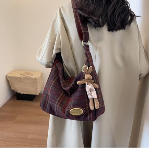 Image of Plaid Purses for Women - Wool Handbag with Pendant, Hobo Shoulder Bag and Tartan Fabric Clutch (Red)