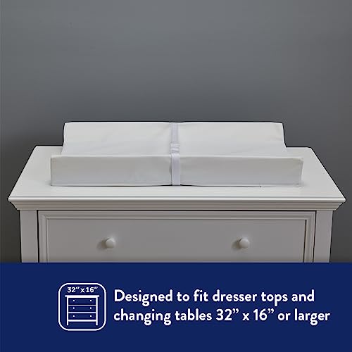 Kolcraft Waterproof Contoured Wipeable Baby Diaper Changing Pad for Dresser or Table, Durable Easy Clean Surface, Soybean Enhanced Foam, Safety Restraint Belt & Straps, Made in USA, White, 16\' x 32\'