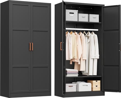 INTERGREAT Metal Wardrobe Cabinet with Hanging Rod, 72" H Metal Clothing Storage Cabinets with Adjustable Shelves and 2 Doors, Black Armoire Wardrobe Closet for Bedroom, Laundry Room, Cloak Room