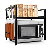 Jomdjmskes Mikrowellen Regal, Verstellbares Mikrowellenregal, 2-Stufig Erweiterbares Küchen Mikrowelle Ständer Regal, Küchenregal Arbeitsplatte Mikrowellenhalter mit 6 Haken Ausziehbar von 40-64cm