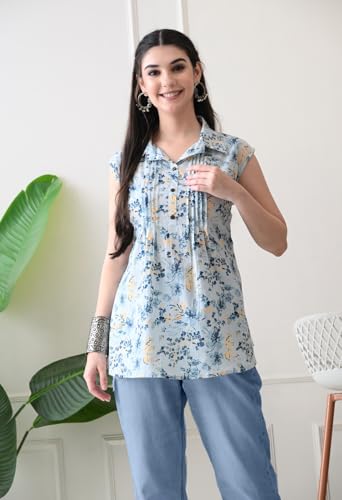 Image of Rimika's Pure Cotton Sky Blue Floral Regular Fit Sleeveless Top with Collar, Perfect for Casual, Comfort, Daily, Formal and Ethnic Wear