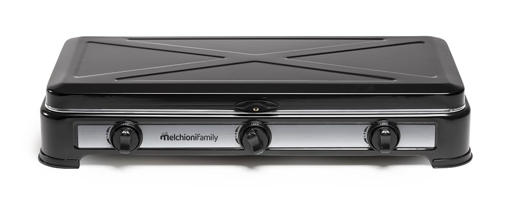 Fornello a Gas GPL Minerva 3 Fuochi Portatile da Campeggio Cucina da Esterno Acciaio Smaltato con Coperchio Regolazione Fiamma Griglie Removibili per Camper Picnic Giardino Nero 2.9KW