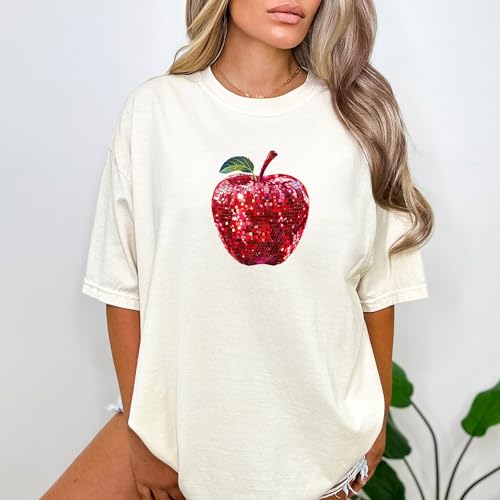 Red Disco Apple Shirt for Women & Teens Faux Glitter Apple Tee for Teachers and Students4