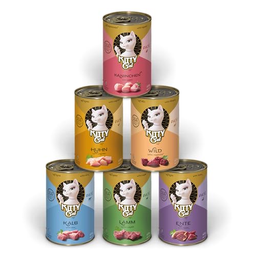 KITTY Cat Paté Mix 1, 6 x 400 g, Nassfutter für Katzen im Probierpaket, getreidefreies Katzenfutter mit Taurin, Lachsöl und Grünlippmuschel, Alleinfuttermittel mit hohem Fleischanteil, Made in Germany