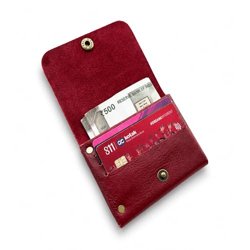 Image of STRUTT Crushed Finish Genuine Leather Batua Wallet for Men & Women | Handcrafted Wine Red Leather Cash & Card Holder | Snap Button Closure | Compact Ethnic Money Pouch