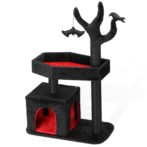Albero per gatti gotico, altezza 120 cm, albero per arrampicarsi multi-livello, torre di giochi per gatti 3 pali da griffare, tessuto peluche, giochi appartamento con raschietto per gatti al coperto