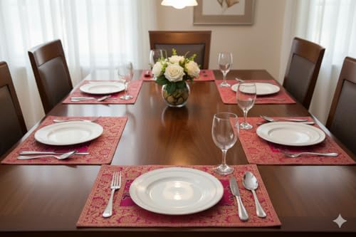 Image of Brocade Silk Placemats for Dinning Table 12 x 18 Inches Hand Embroidered, Set of 6 Decorative Placemats for Home (Pink)