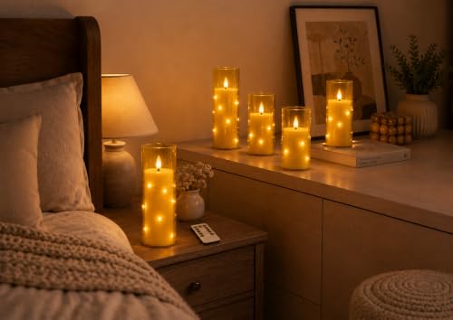 Image of 5 Pack Champagne Transparent Acrylic Flameless Taper Candles, Flickering Black Wick LED Candles with Surrounding Fairy String Lights, Heat Resistant ABS Candles with Remote for Indoor Outdoor Decor