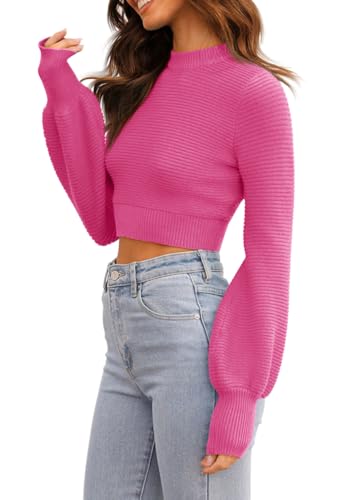 Image of Womens Sexy Crew Neck Cropped Sweaters Knit Long Sleeve Crop Tops Pullover | Ribbed Knit, Long Sleeve, Crop Tops, Pullover,Crew Neck