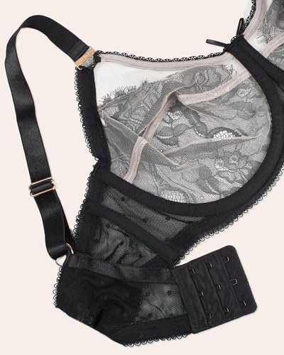 Image of Smart & Sexy Women's Full Coverage Unlined Underwire Bra, Lace & Mesh See Through Bra, Plus Size Lingerie Inspired Retro Bra