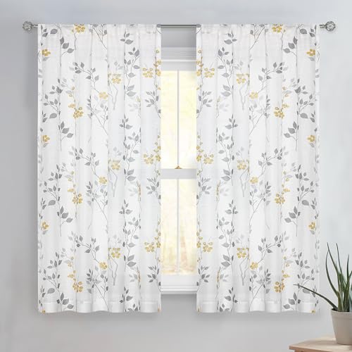 Image of Beauoop Floral Linen Semi Sheer Curtains Living Room Yellow Grey 50x54x2 | Farmhouse Flower Patterned Yellow White Light Filtering Drapes for Bedroom 2 Panels Textured Window Treatment Rod Pocket