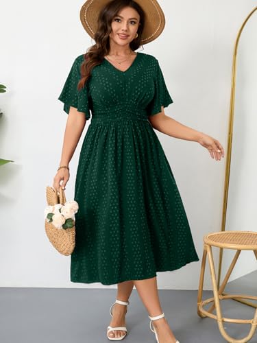 Image of RWJ Women's Plus Size Maxi Dress V Neck Short Sleeve Swiss Dot A Line High Waist Boho Swing Casual Summer Dresses
