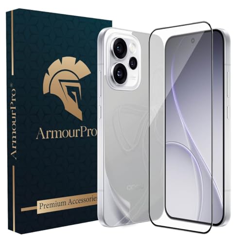 Image of ArmourPro Tempered Glass for Oppo Reno 15 Pro Mini with Back Clear Membrane Guard, Edge to Edge Screen Protector, Anti-Bubble, Anti-Fingerprint, Oil Resistant, Installation Kit | Black