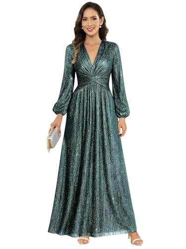 Image of Women's Formal Wedding Guest V Neck Glitter Sequins Mother of The Bride Dresses Long Sleeve