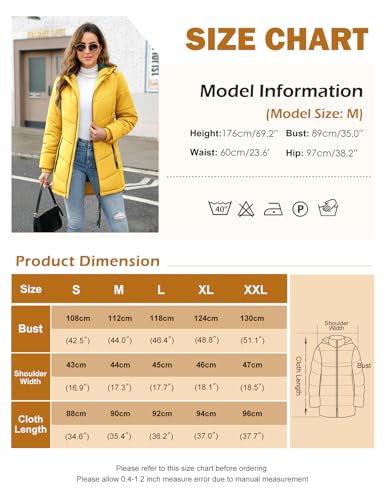 CMTOP Wintermantel Damen Warme Steppmantel Dicker Winterjacke Herbst Winter Steppjacke Parka Lang Reißverschluss Damen-mäntel Casual Winterparka mit Kapuze, Taschen(Gelb, XL)