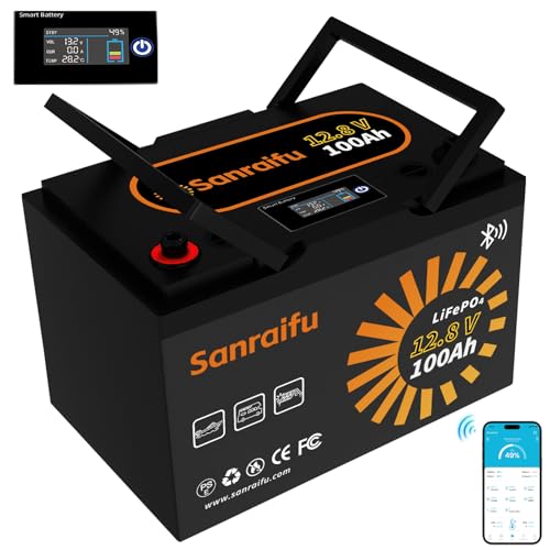 Sanraifu 12V 100Ah LiFePO4 リン酸鉄リチウムイオンバッテリー APP Bluetooth&LCDディスプレイ BCIグループ24 15000サイクル以上 アクティブBMS保護 保証10年 RV/キャンピングカー/オートバイ/災害対策電源/ボート/ソーラーパネル向け 小型 軽量 高エネルギー密度 長寿命 PSE認証を取得 日本語の説明書付きです