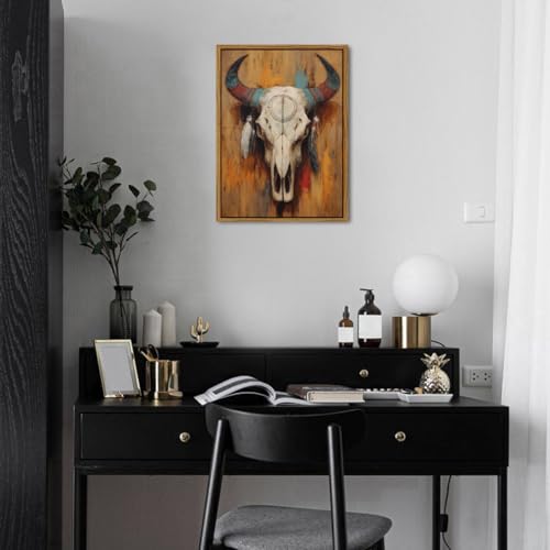 Image of Western Bull Skull Wall Art Framed Rustic Tribal Cow Skull Painting with Feathers, Southwestern Boho Canvas Wall Decor Western Farmhouse Artwork for Living Room Bedroom Office Home Decorations 16x24